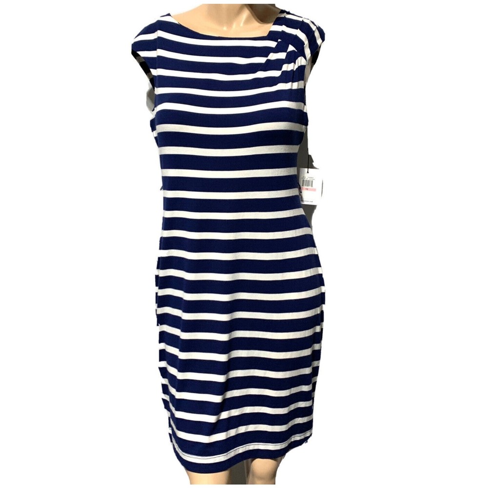 Calvin Klein Dress Striped Women’s Size 10 Navy White Belt Loops NO BELT NWT